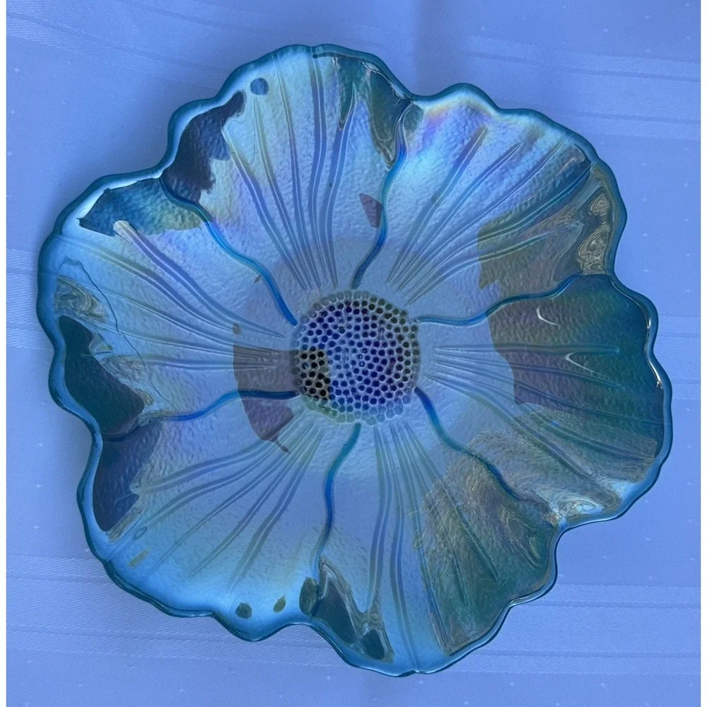 VTG Iridescent Art Glass Flower Bowl‎ | Teal Metallic Petal Dish | 8